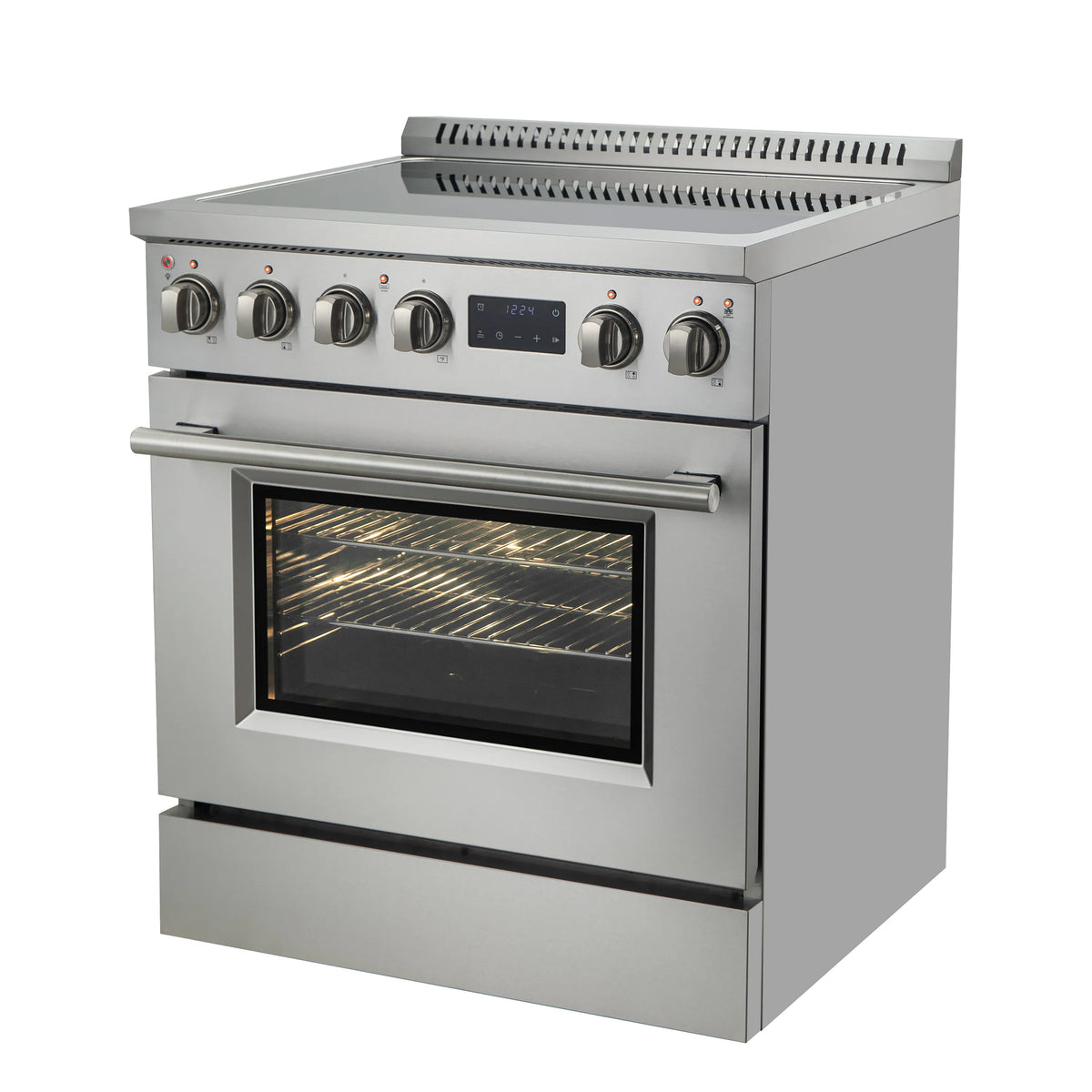 Stainless steel 30-inch induction range with convection oven and control knobs