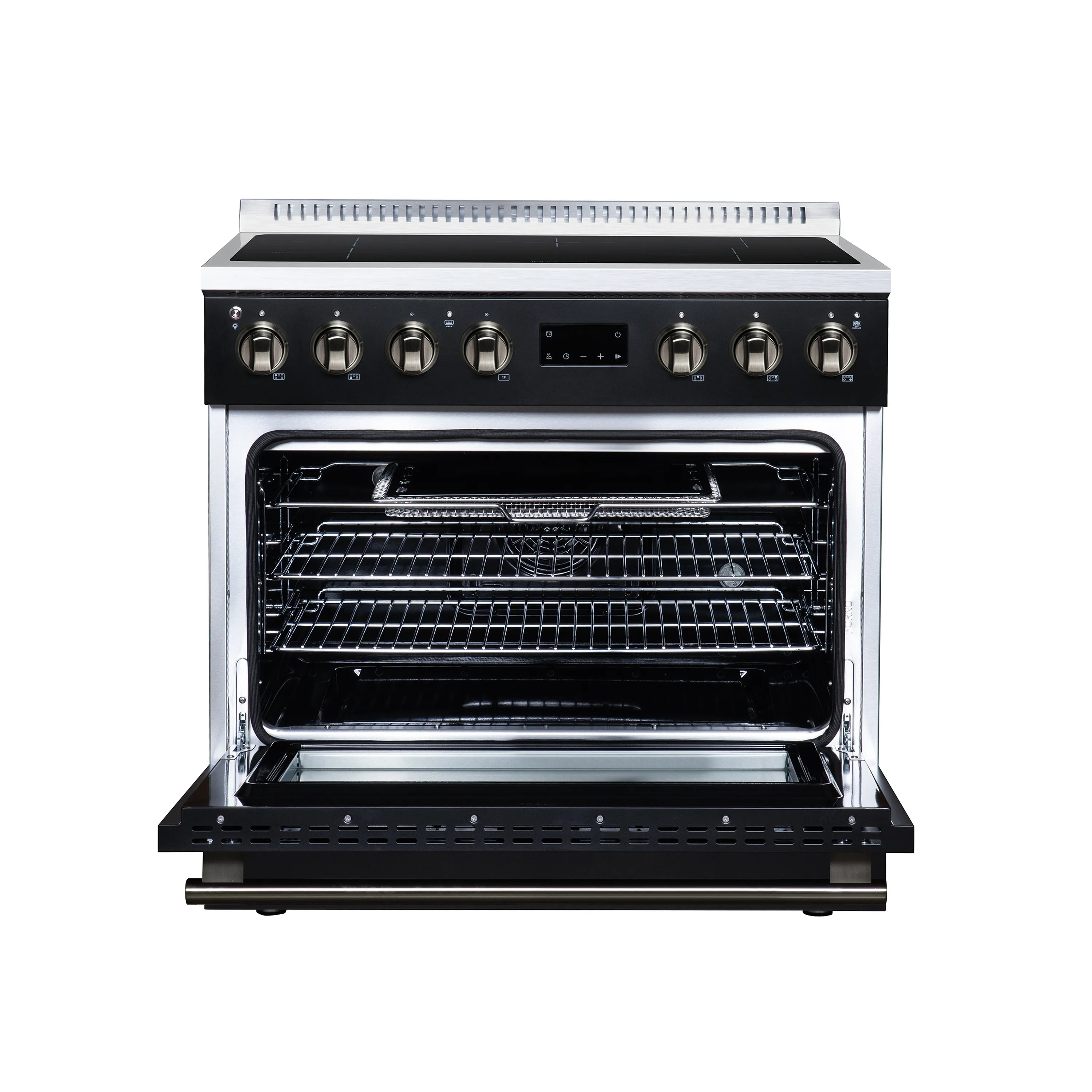 Black 36-inch induction range with convection oven, brass-trim controls, open door