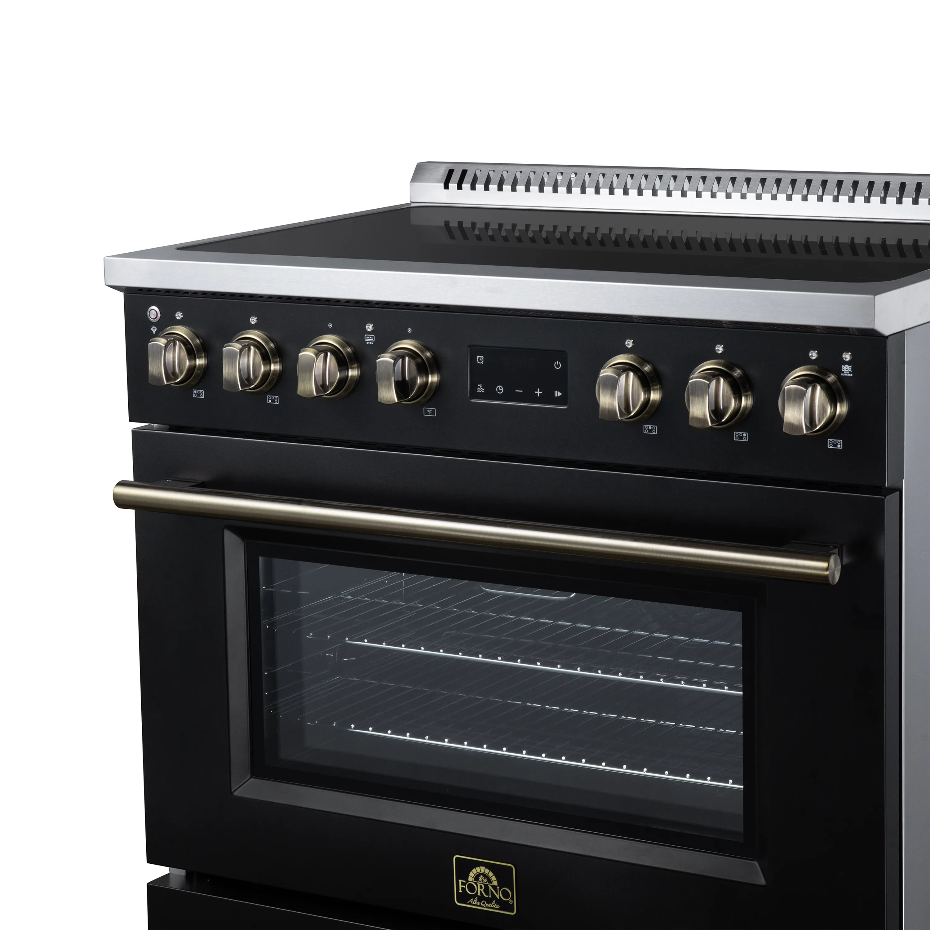 Black induction range with brass control knobs and stainless cooktop panel, oven window