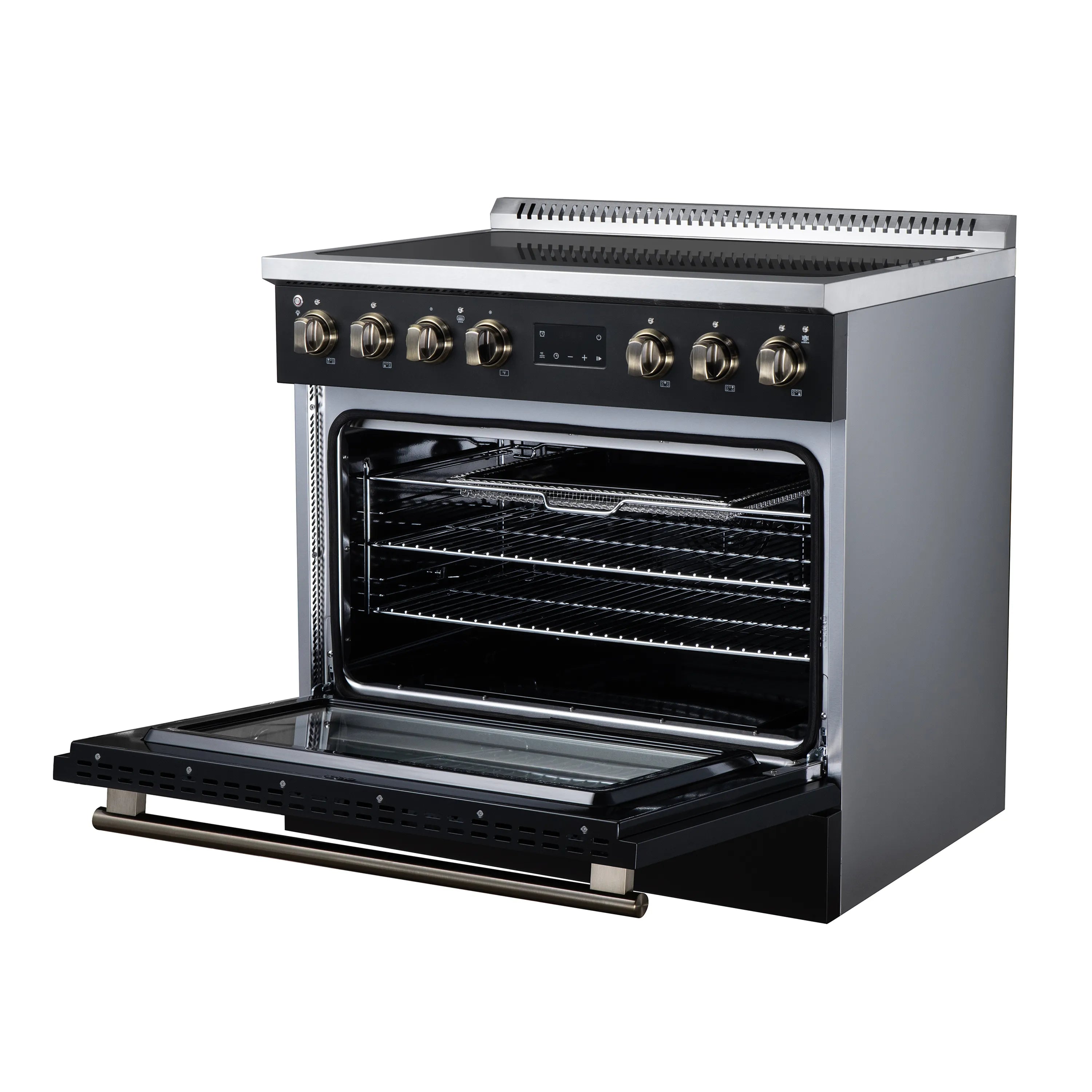 Black induction range with convection oven door open, wire racks and brass knob controls