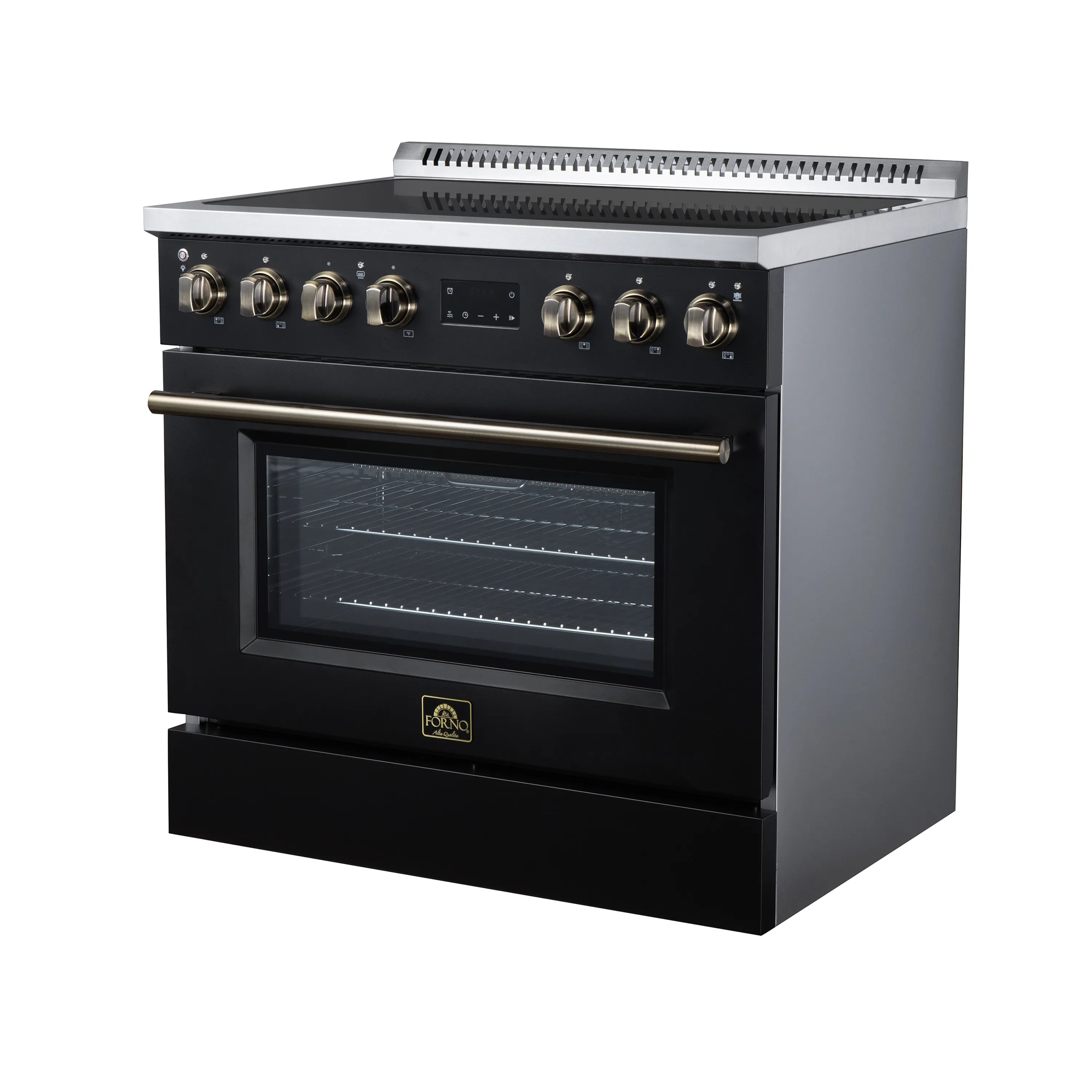 Black induction range with convection oven, stainless trim and brass knob control panel