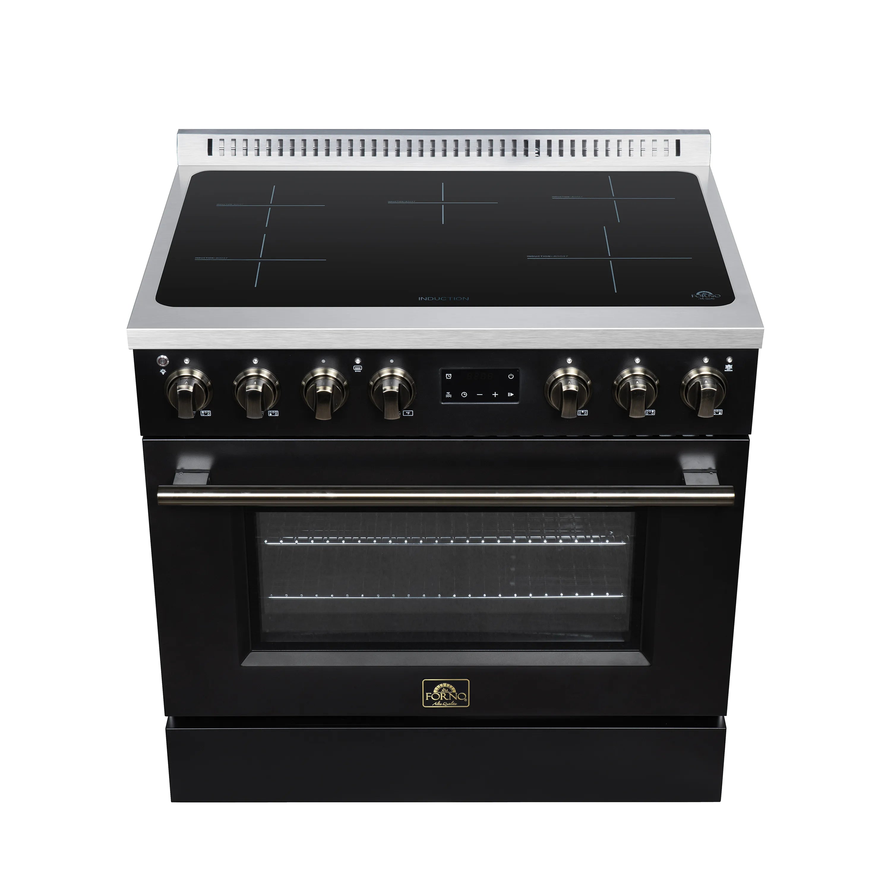 Black induction range with convection oven, brass knobs, glass oven door and cooktop
