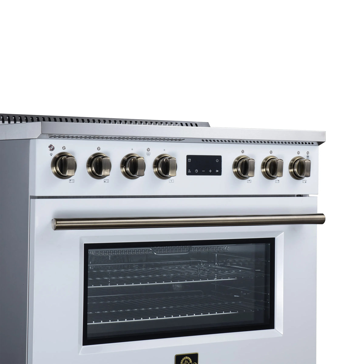 36-inch induction range control panel with brass knobs above windowed oven door