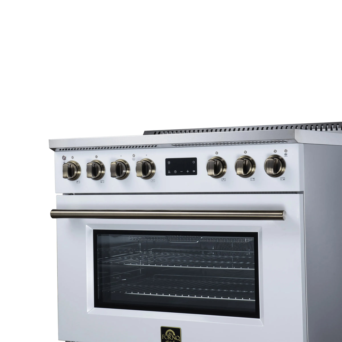White induction range angled view with brass-trim knobs and black oven window.