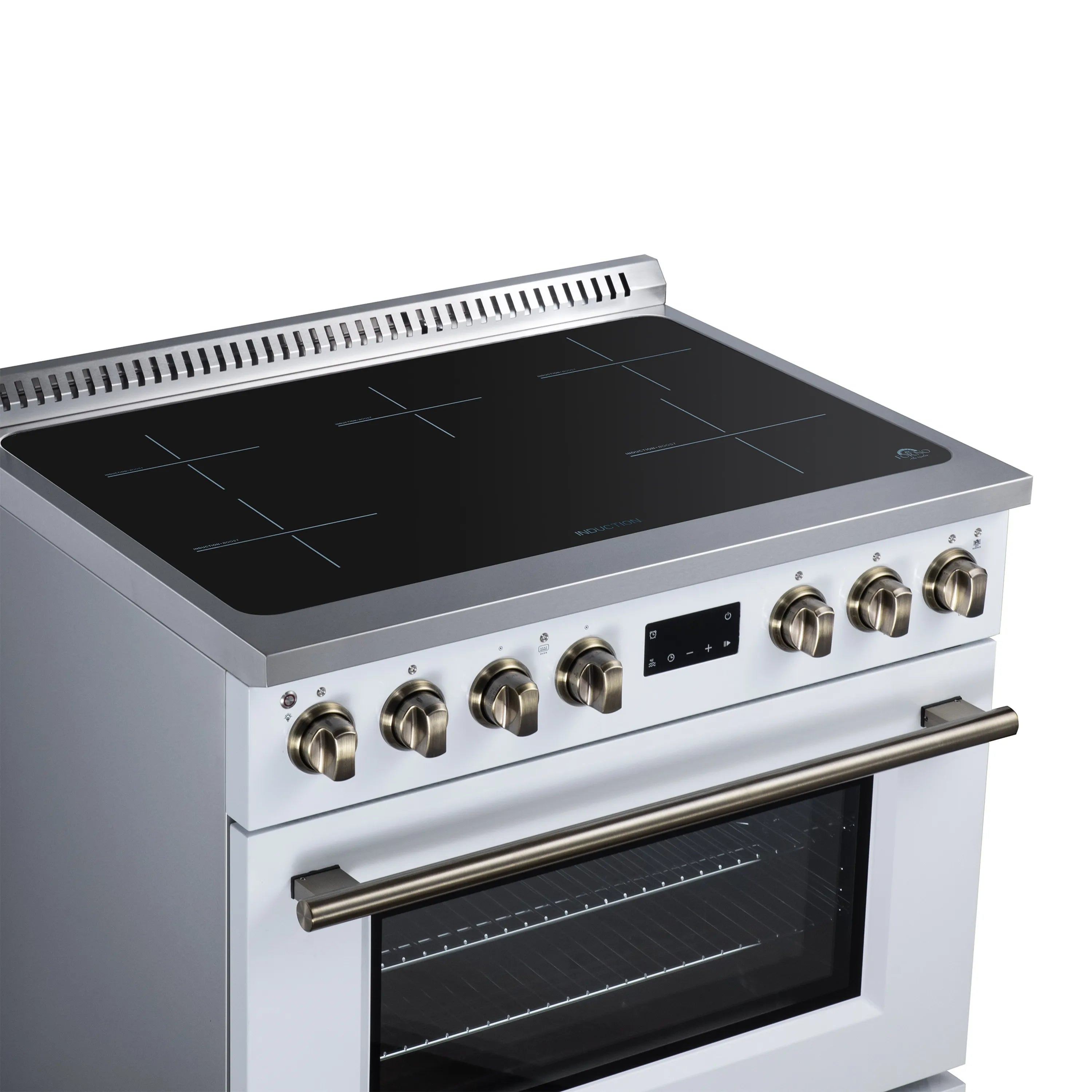 36-inch induction range top view: black glass cooktop, brass knobs, and oven handle