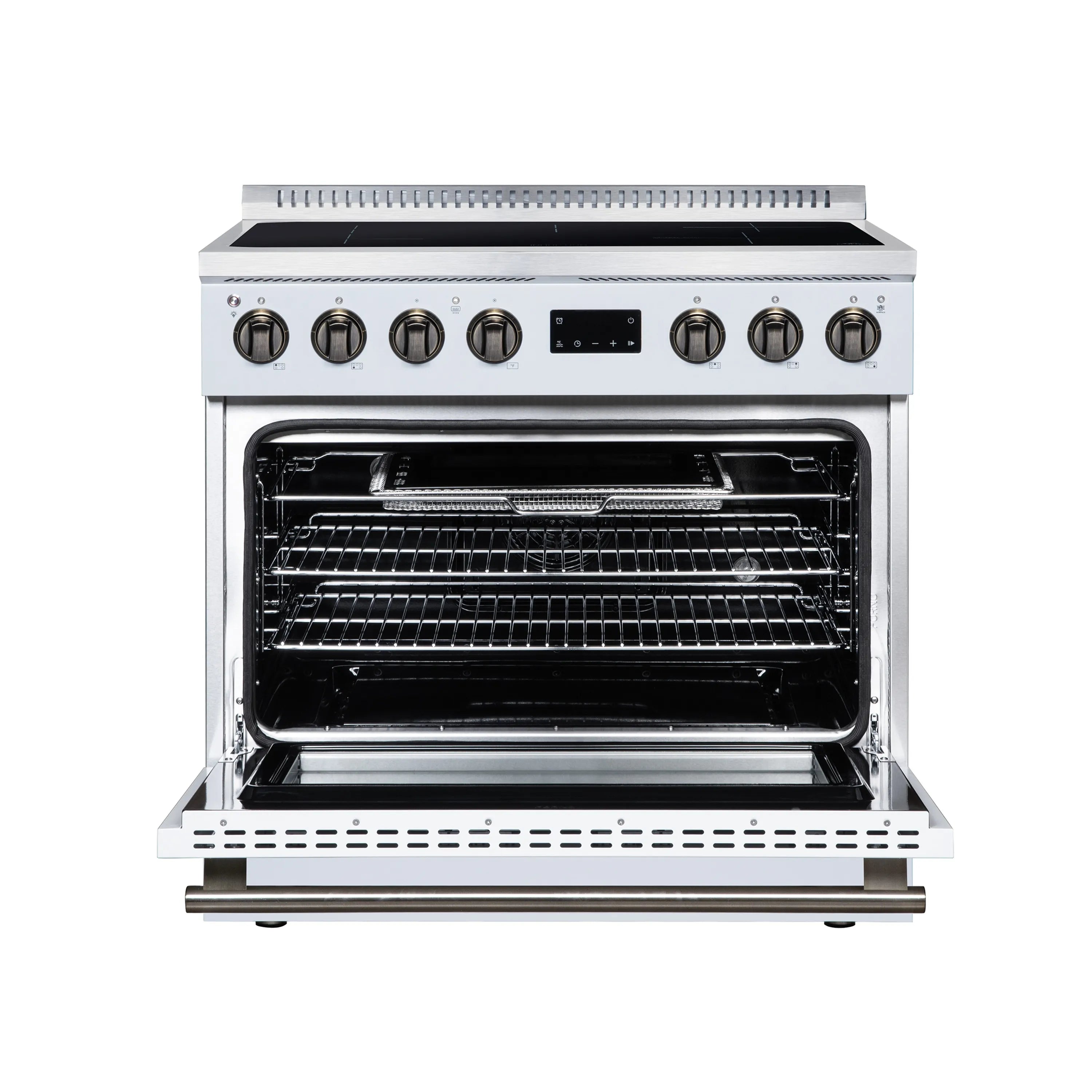 White convection oven door open, wire racks inside and front vented lower drawer.