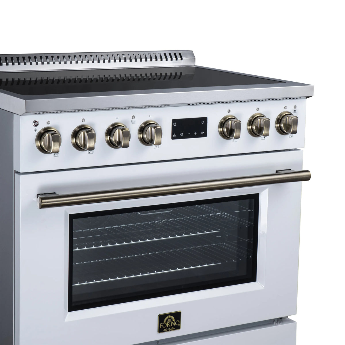 36-inch induction range close-up: brass knobs, black glass cooktop, and oven window