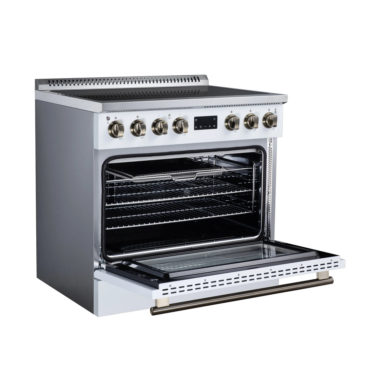 36-inch induction range with oven door open, racks inside, brass control knobs on front panel