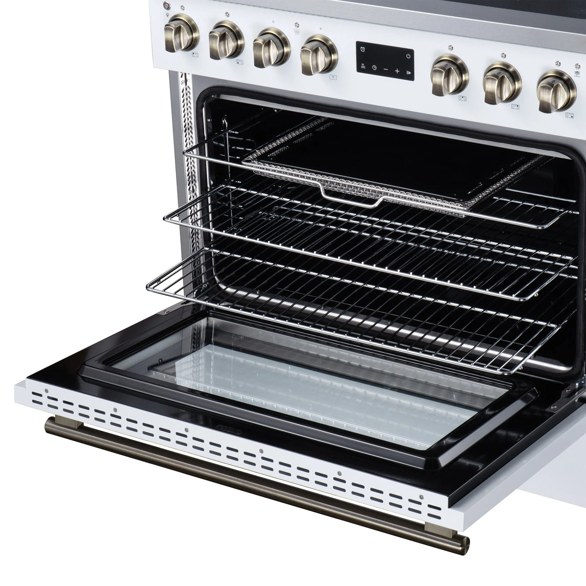 White induction range oven door open, showing black interior racks and heating element.
