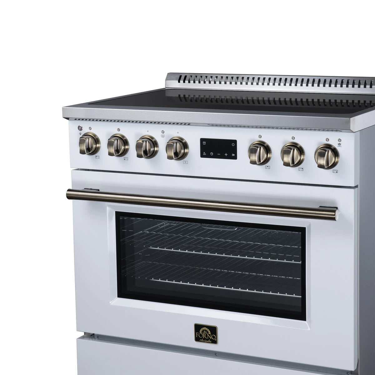 White induction range front with black oven window and brass-trim control knobs.