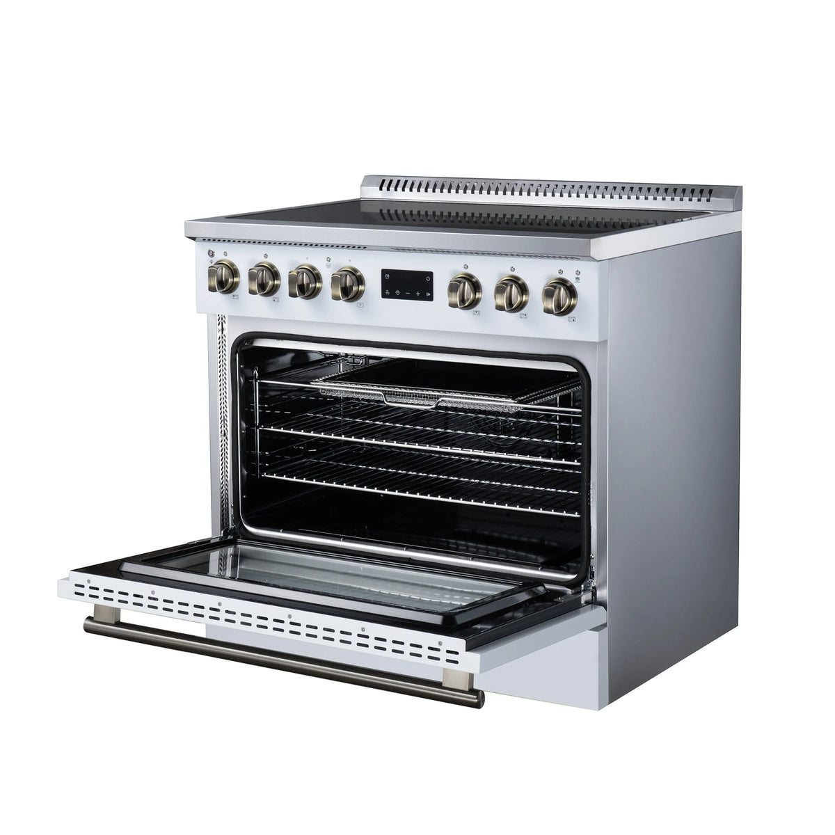 White induction range with oven door open, wire racks inside and brass-trim handle bar.