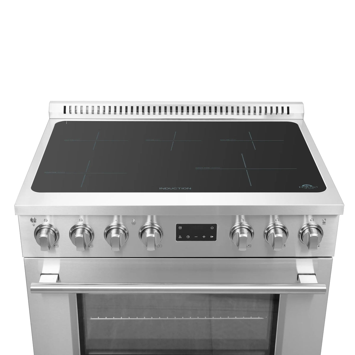 Stainless steel induction range with black glass cooktop and front control knobs
