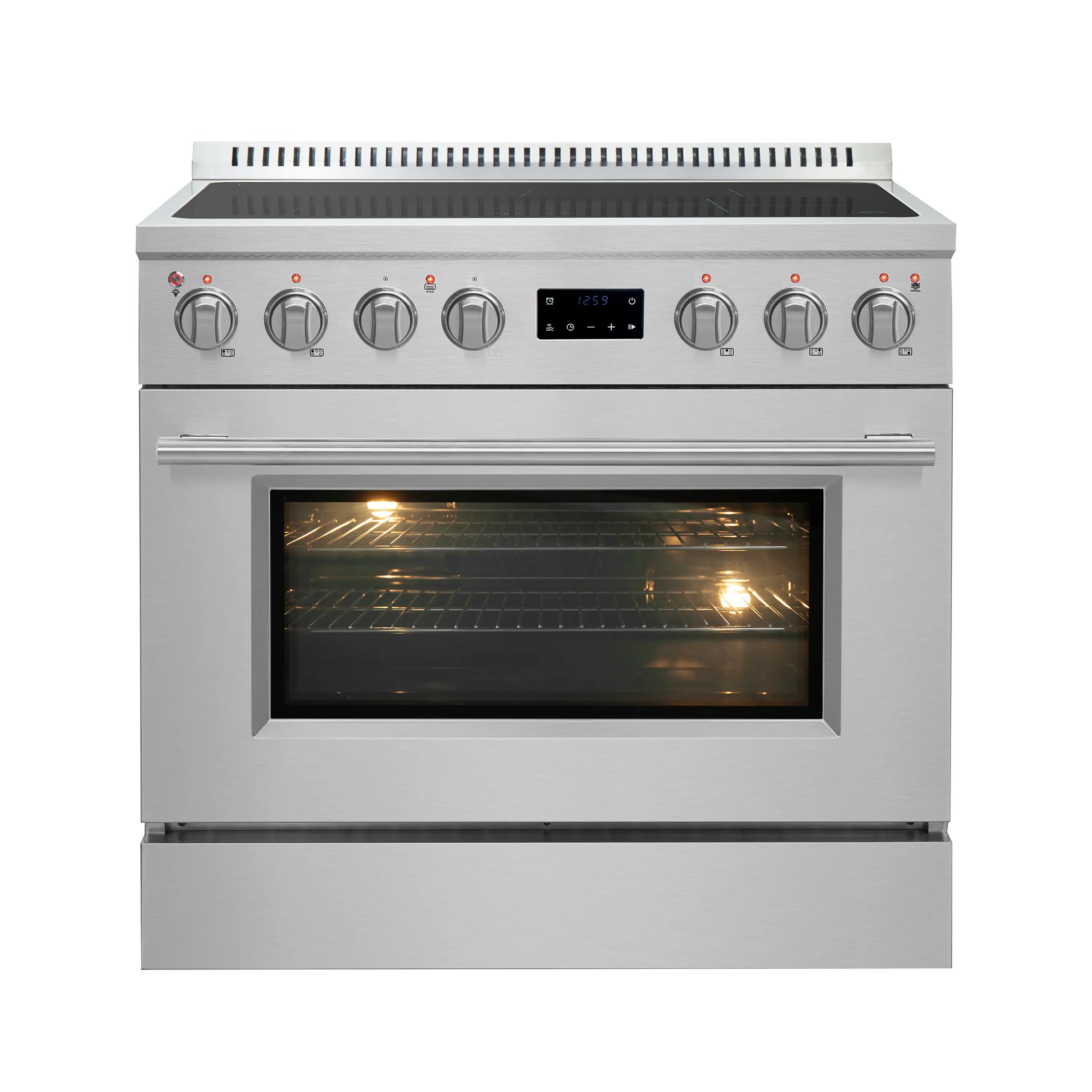 Stainless steel induction range with oven door window and illuminated interior