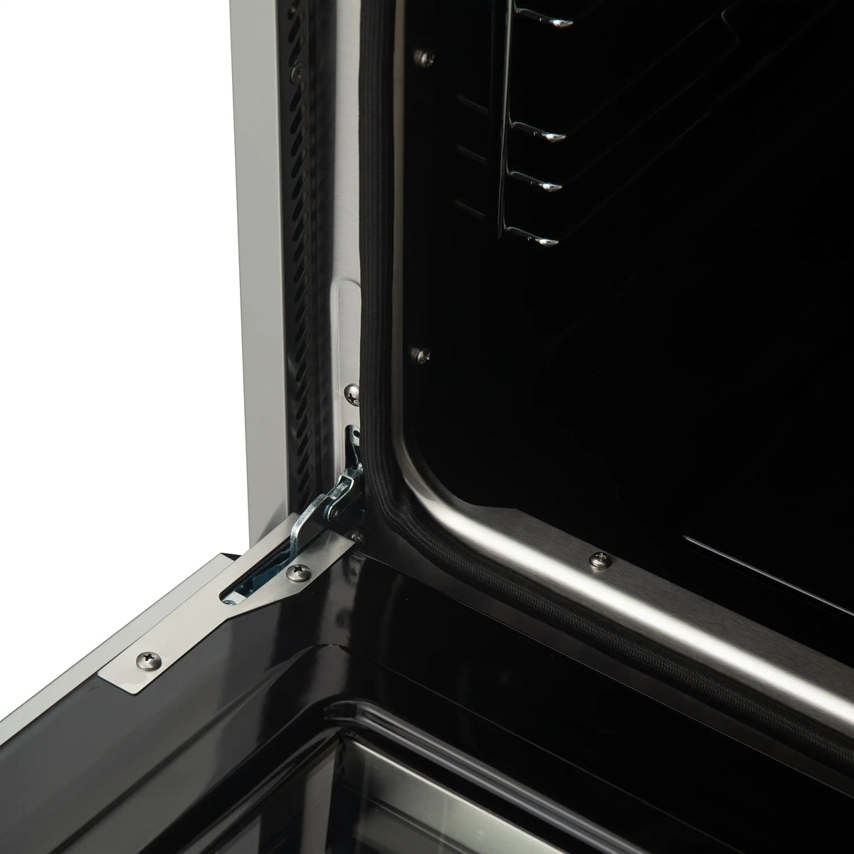 Induction range oven door open hinge and interior side wall