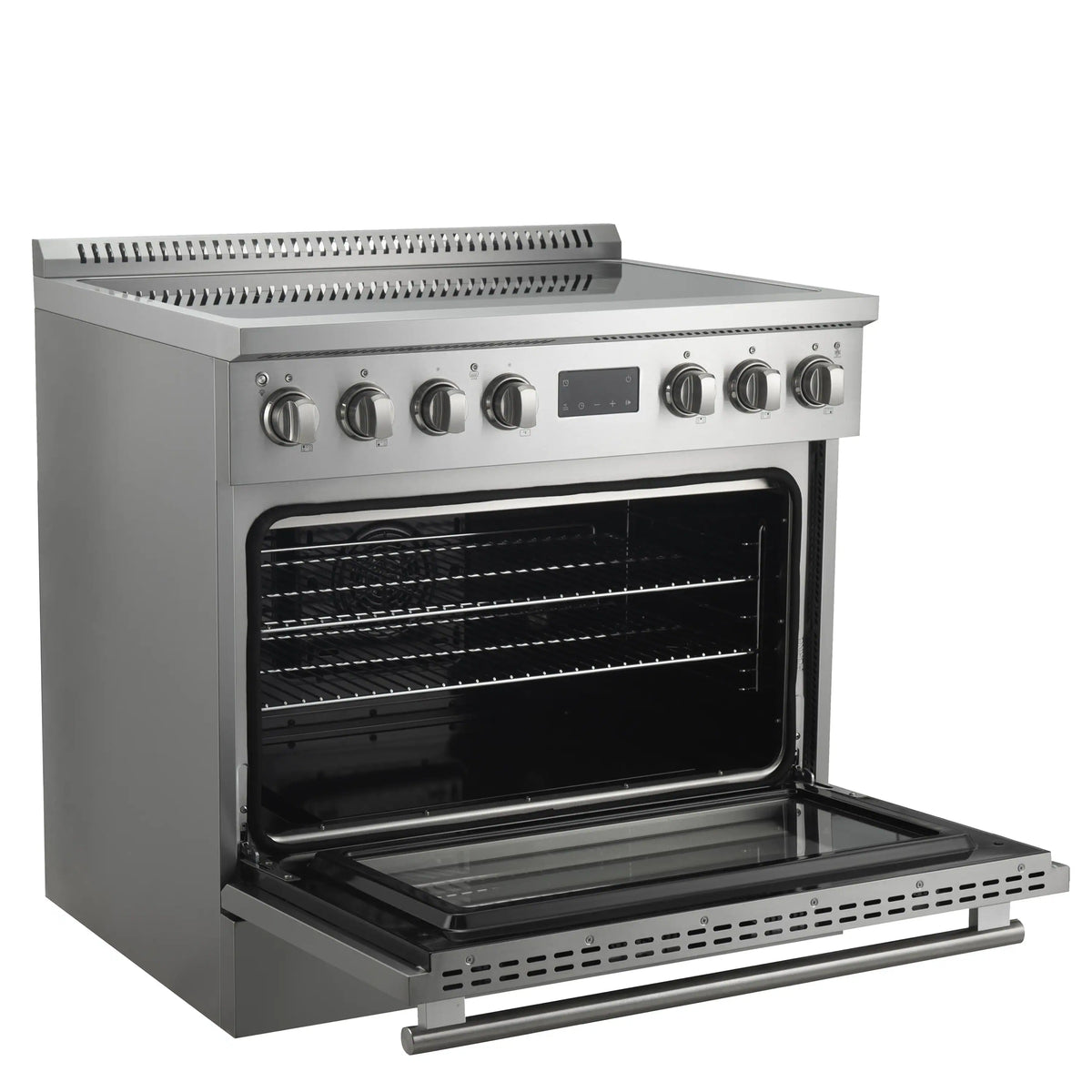 Stainless steel induction range with open oven door and visible baking racks