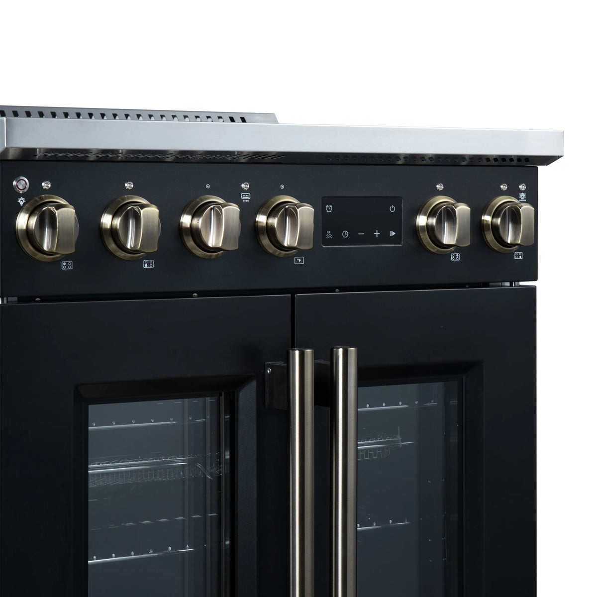 Black induction range control panel with multiple gold knobs and settings display