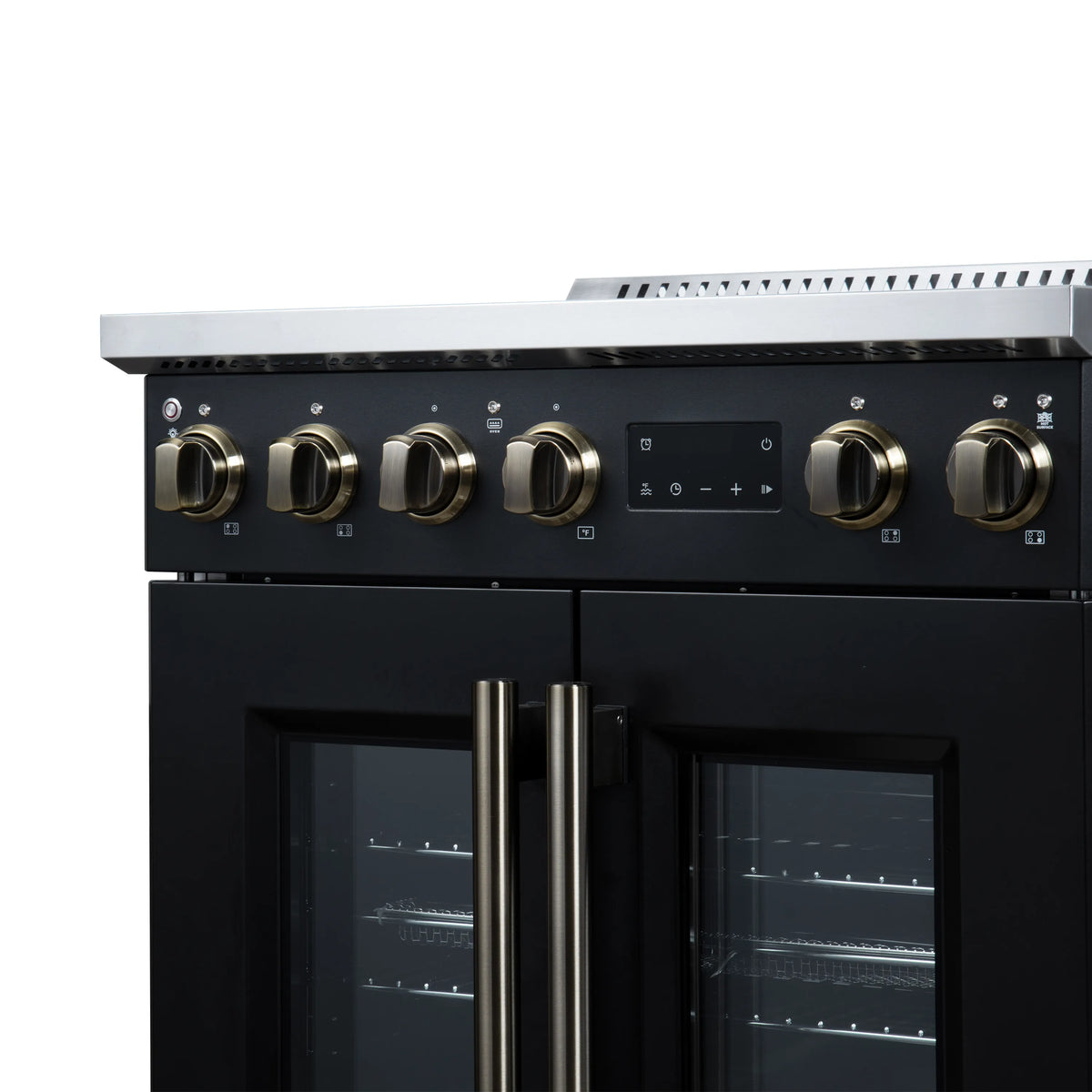 Black French-door induction range with stainless handles and gold front control knobs