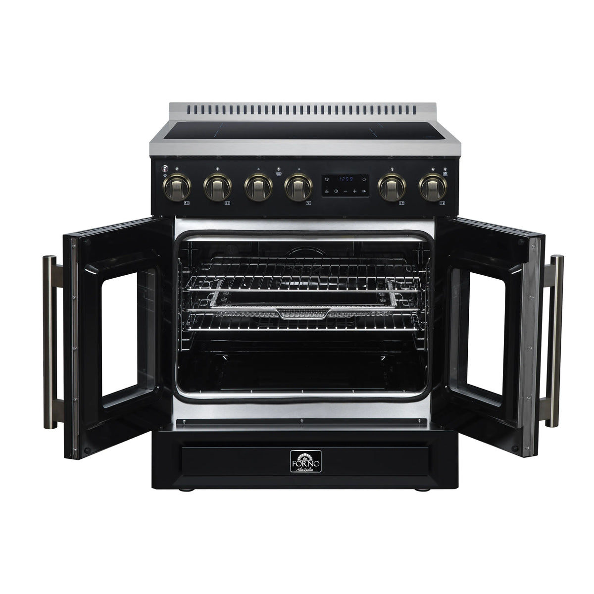 Black induction range with oven door open showing wire racks and empty interior