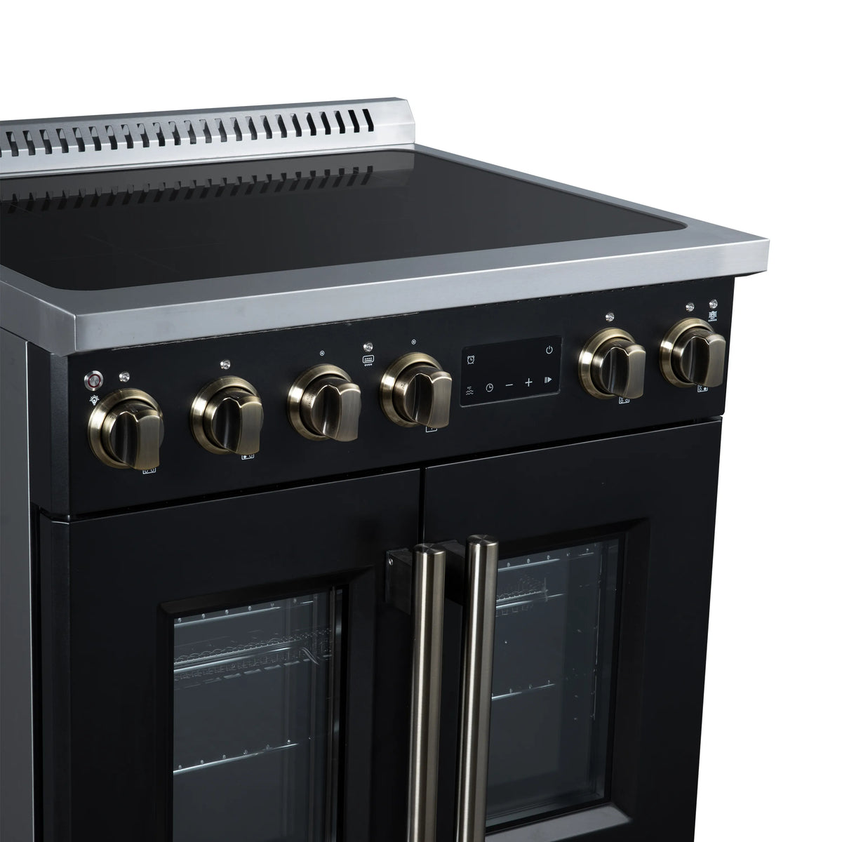 Black induction range control panel with round knobs and two glass oven doors