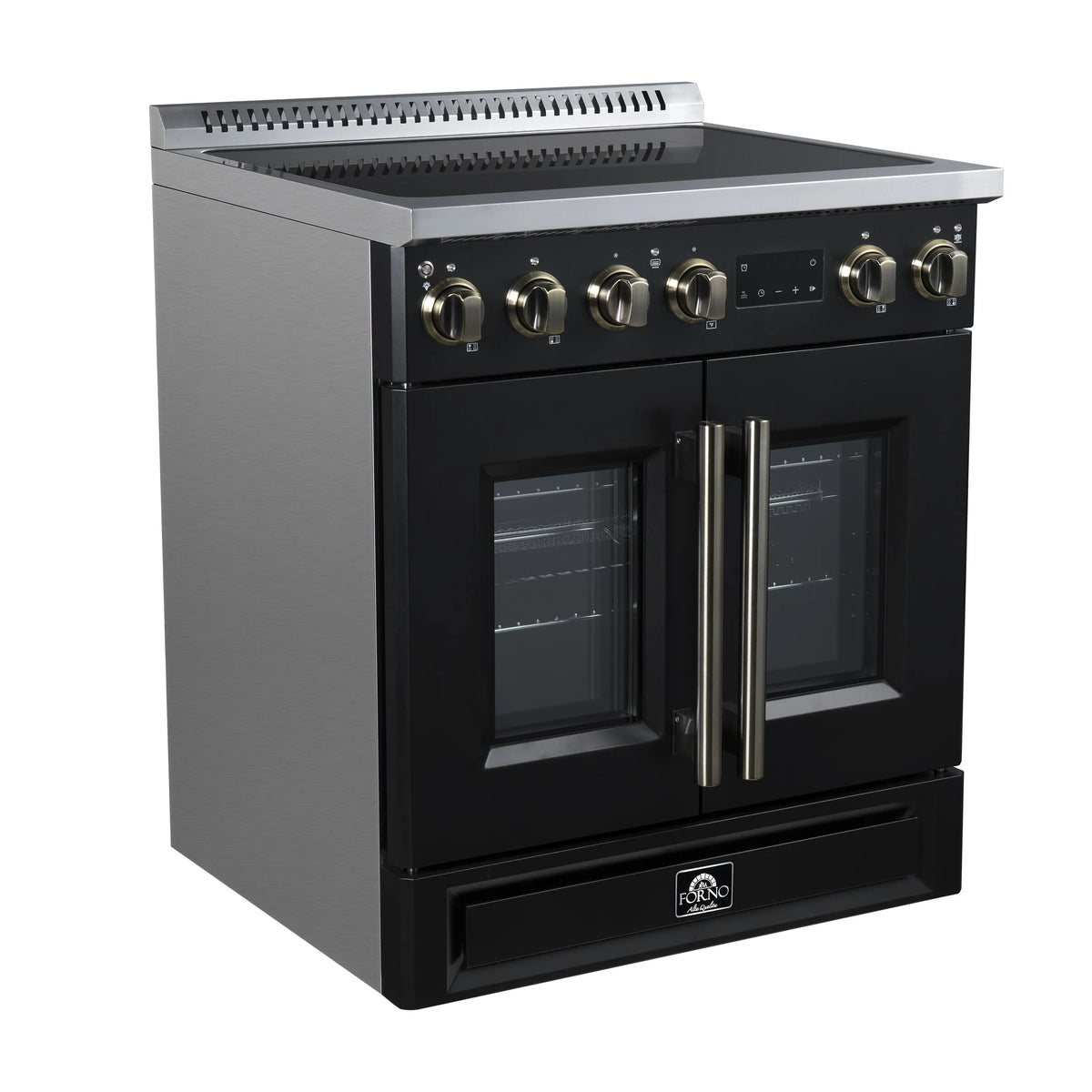 Black induction range with French doors, stainless handles, and control panel with knobs