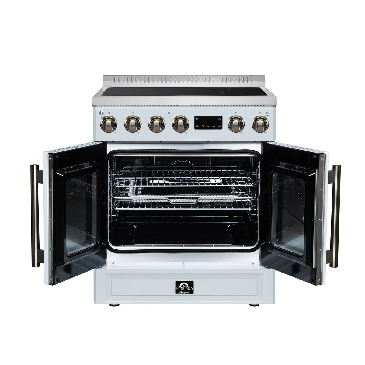 White induction range with French doors open, showing two oven cavities