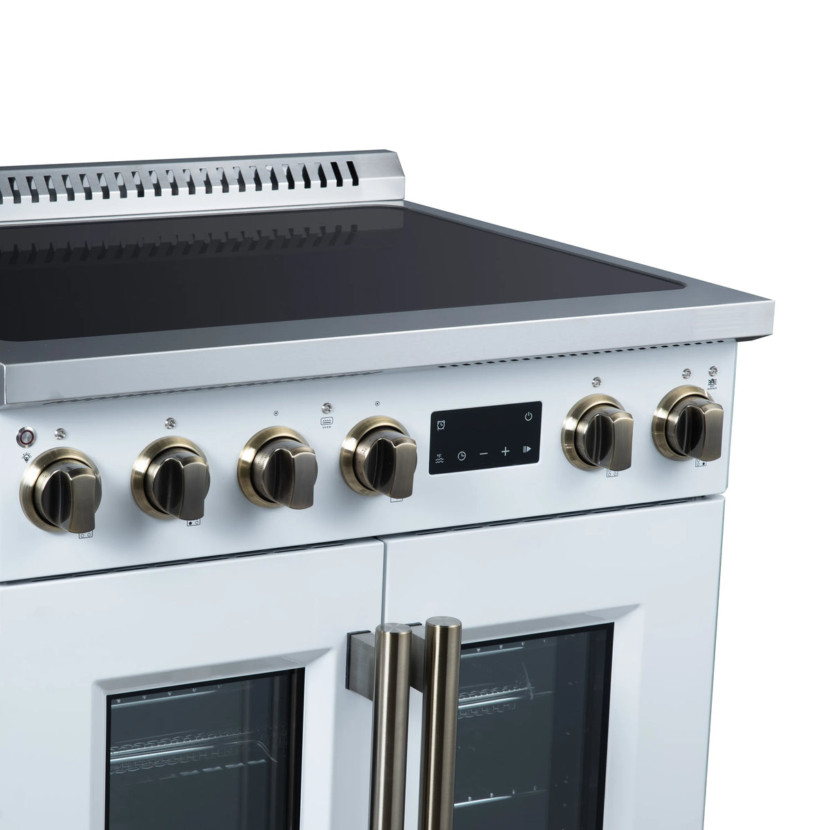White induction range front with stainless control knobs and digital display