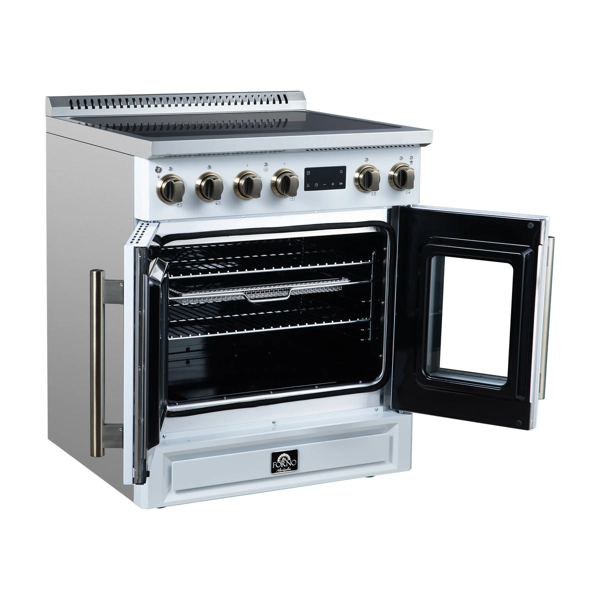 White induction range with left French door open, oven rack and heating elements