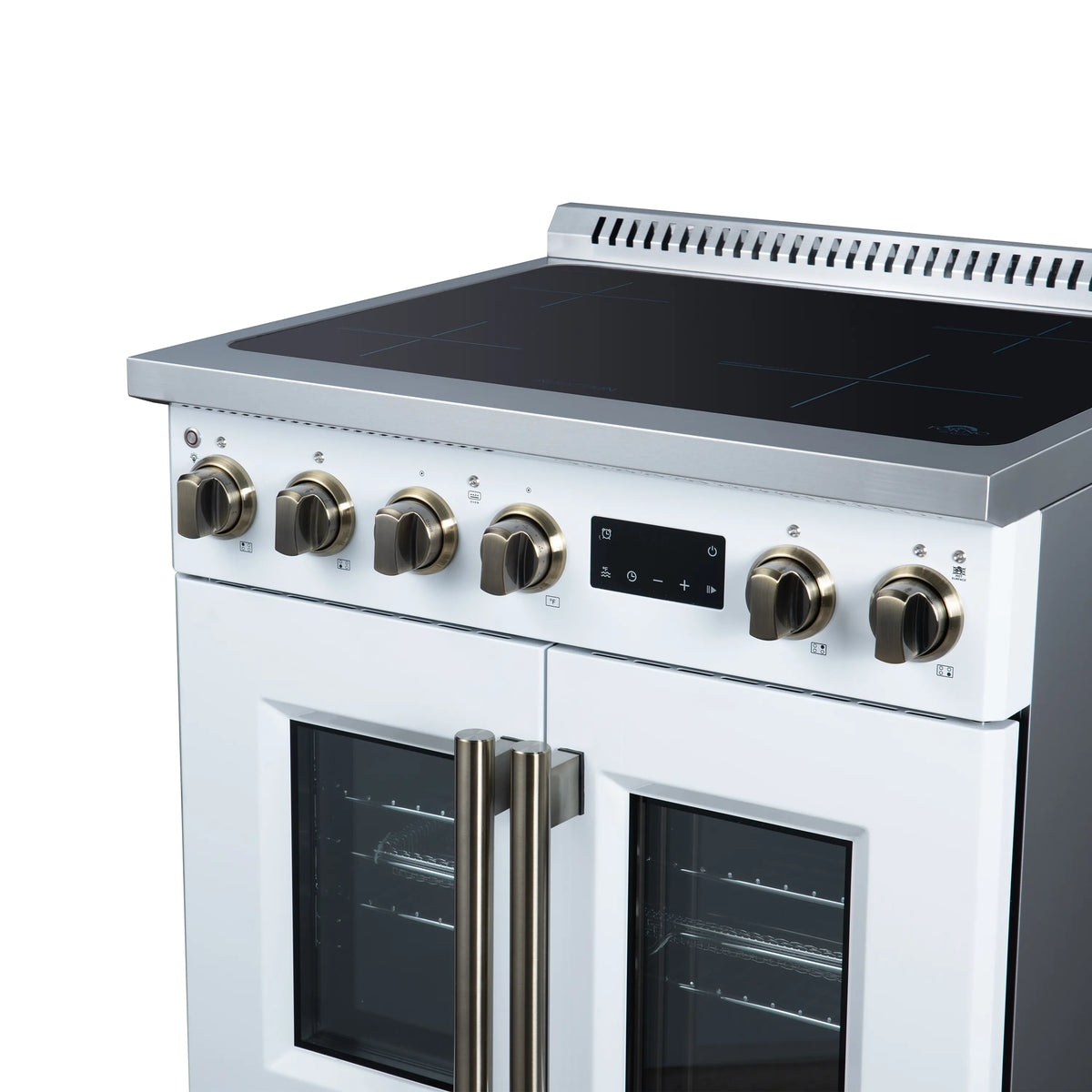 White French door induction range with brass-colored knobs and black glass cooktop