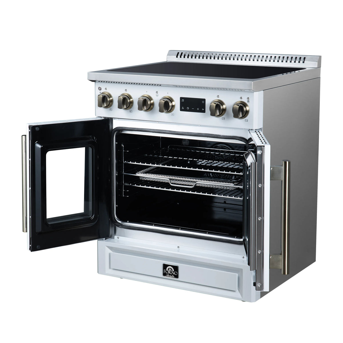 White induction range with both French doors open, showing oven racks