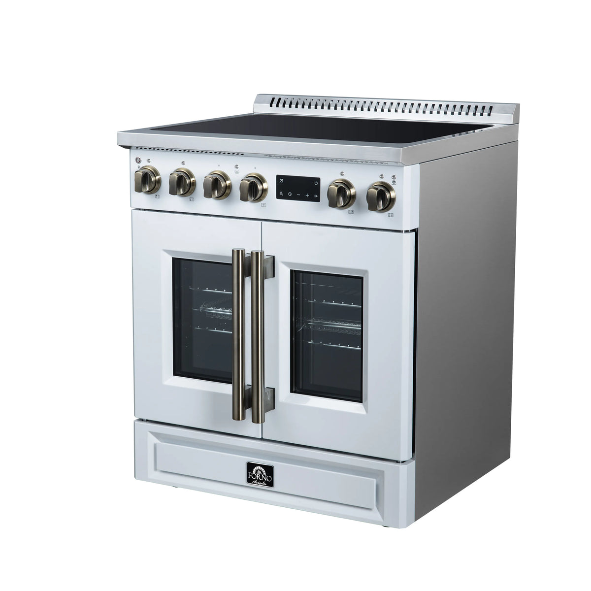 White induction range with French doors and stainless handles, side view