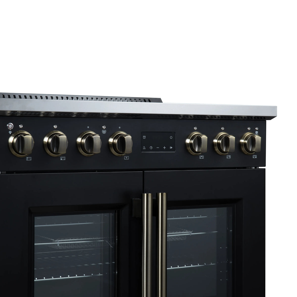 Black French door induction range front with gold knobs and double oven doors