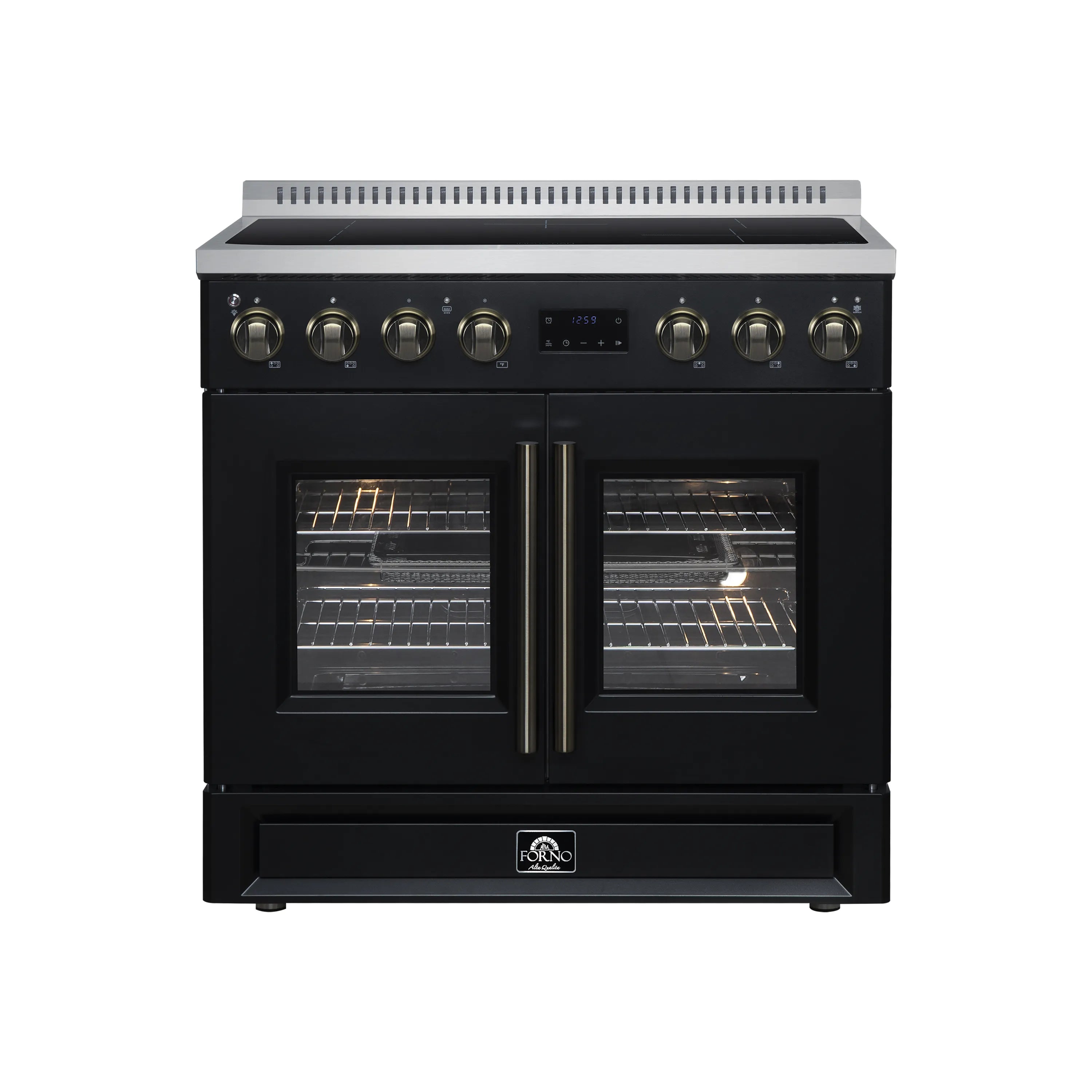 Black induction range with double oven doors, brass control knobs, and display