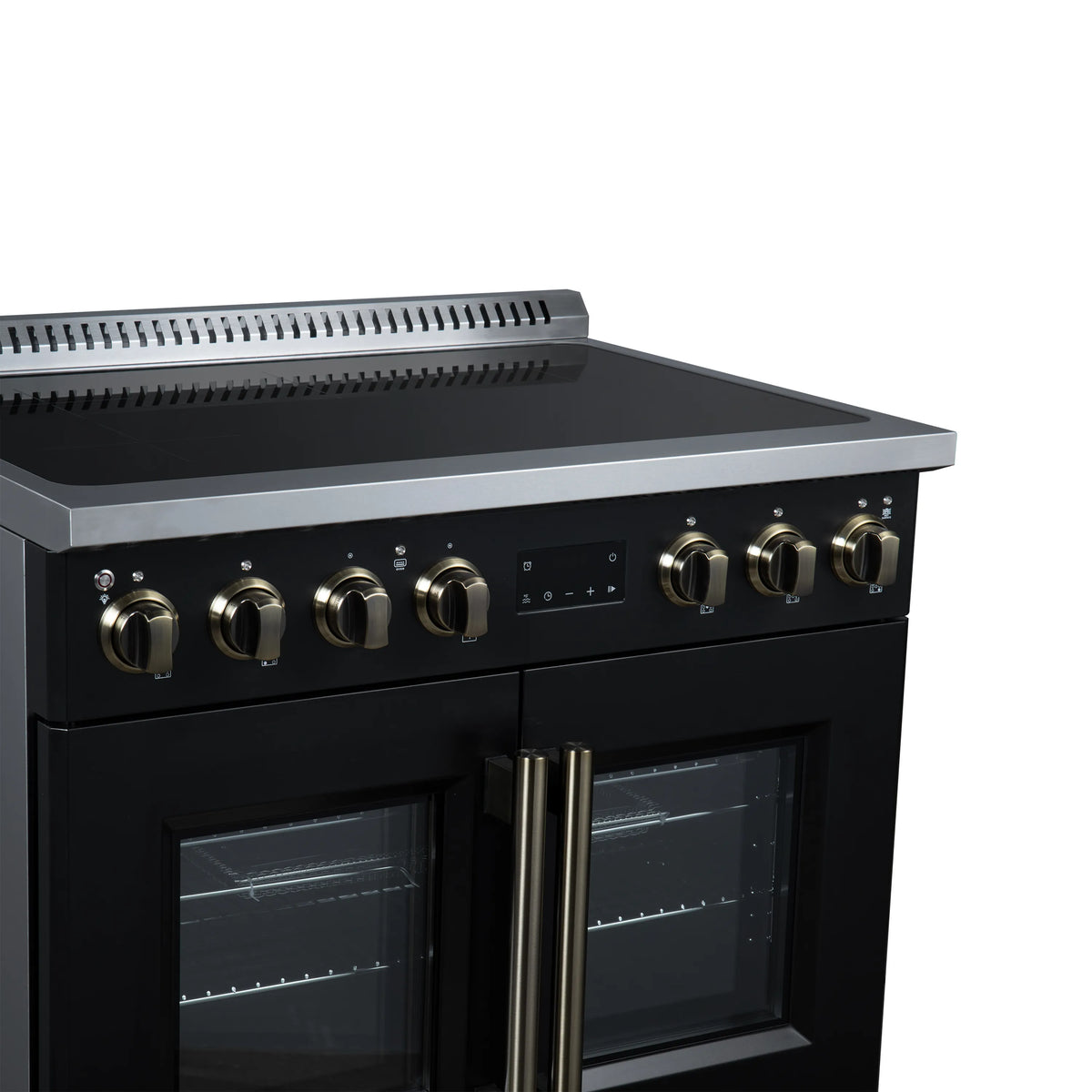 Black induction range front with brass control knobs and double oven door