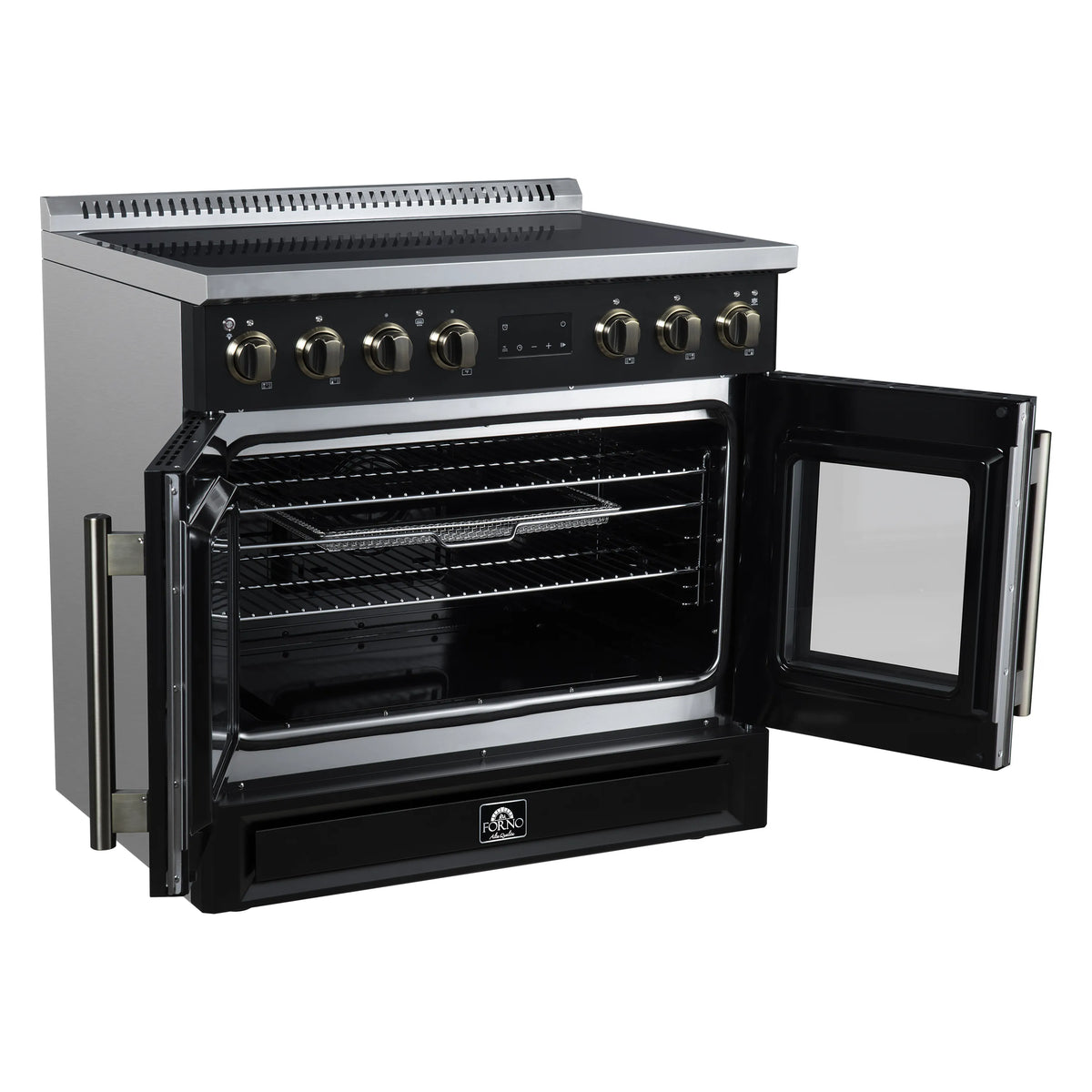 Black induction oven with left door open, racks visible, and front control knobs