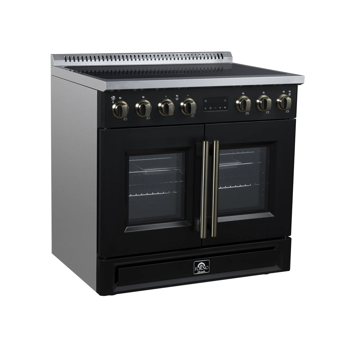 Black French door induction range with brass knobs and stainless cooktop edges