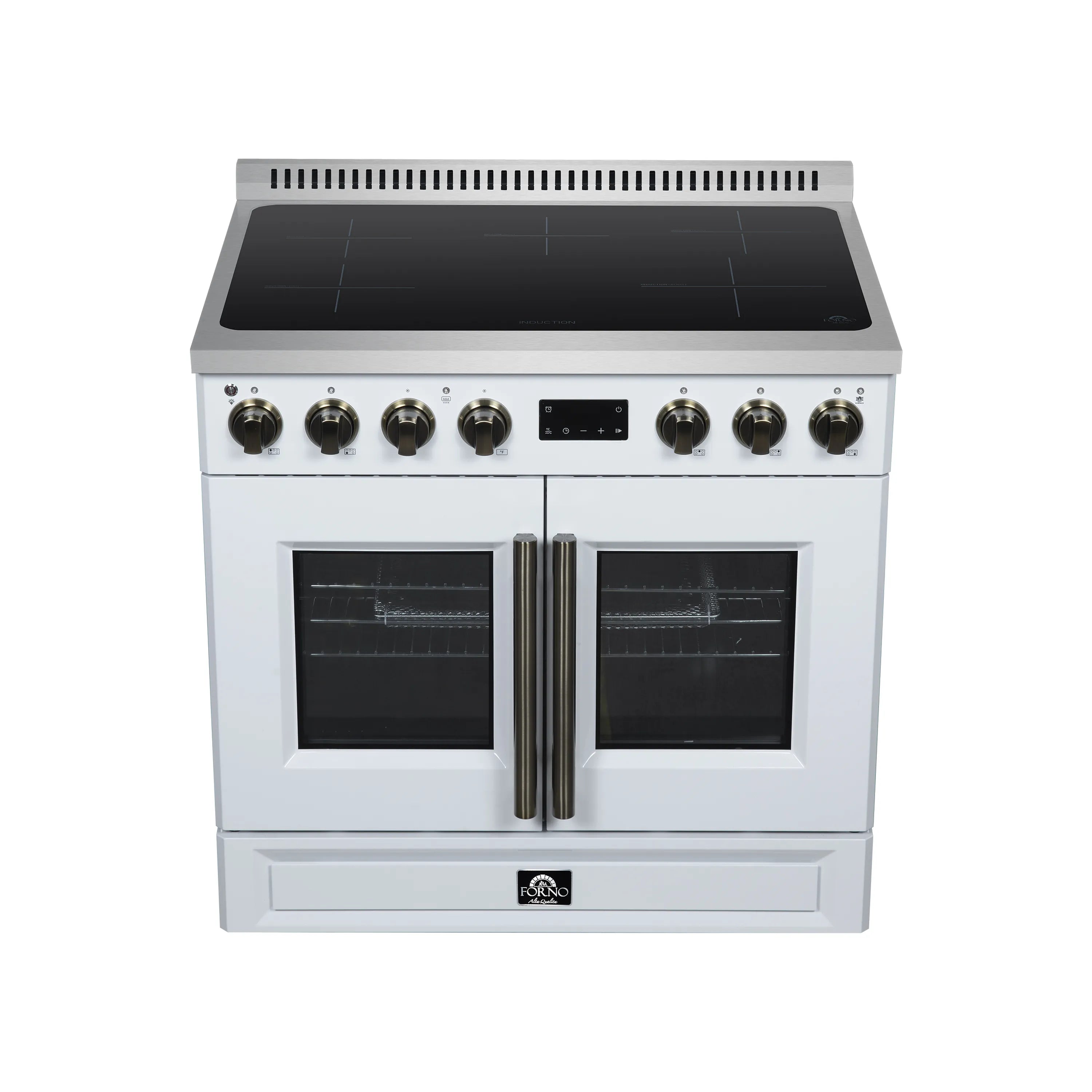 White induction range with two ovens, control knobs, and stainless handle
