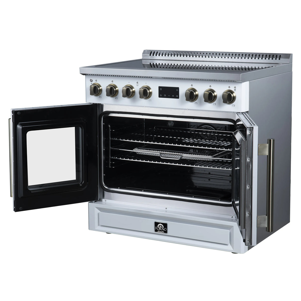 White induction range with one oven door open and interior racks and bake walls visible