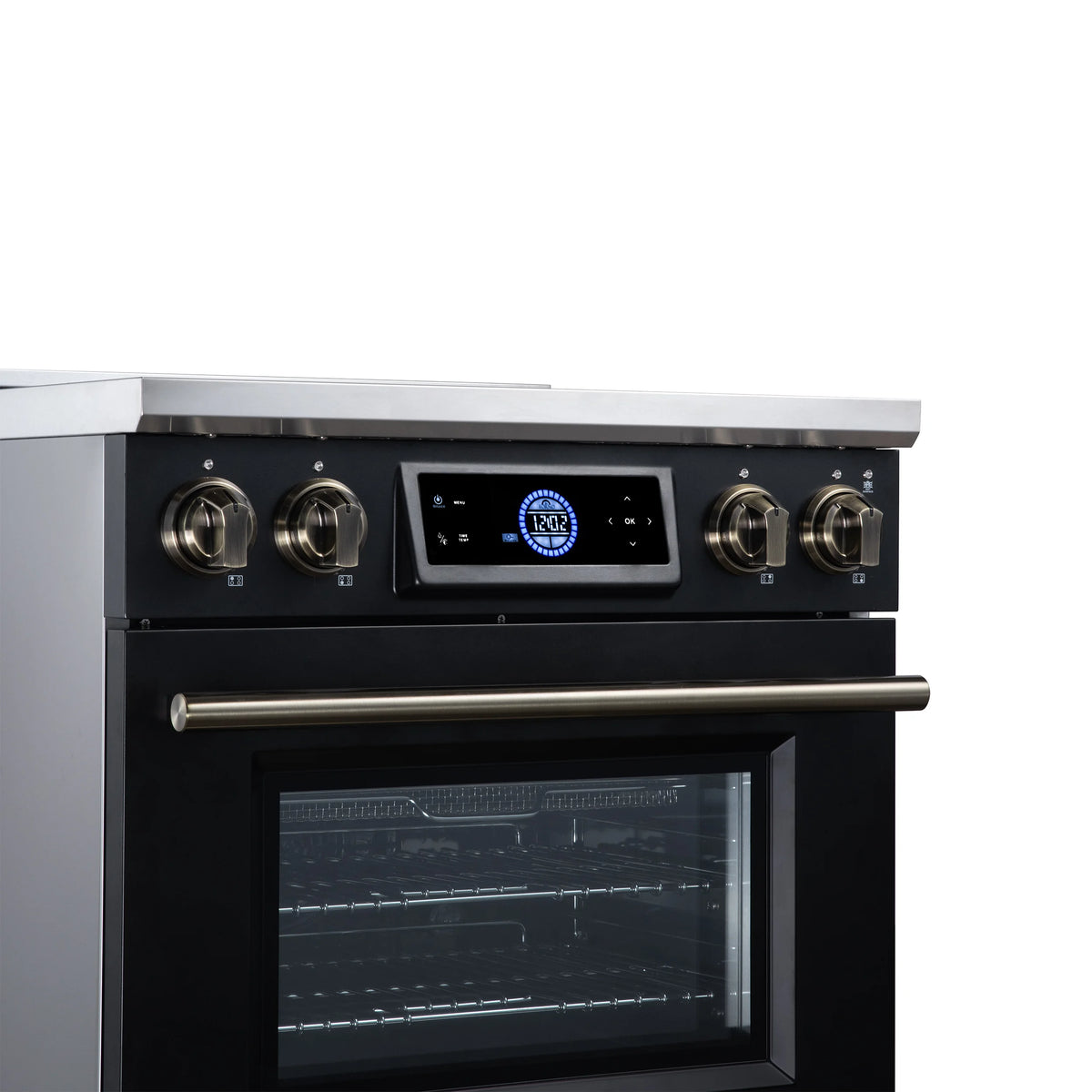Forno Maximus 30-inch black induction range FFSIN0968-30BLK, digital control panel and illuminated antique brass knobs from the left