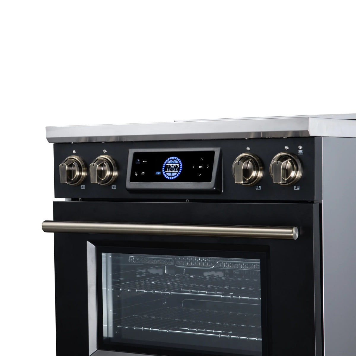 Forno Maximus 30-inch black induction range FFSIN0968-30BLK, digital control panel and illuminated antique brass knobs from the right
