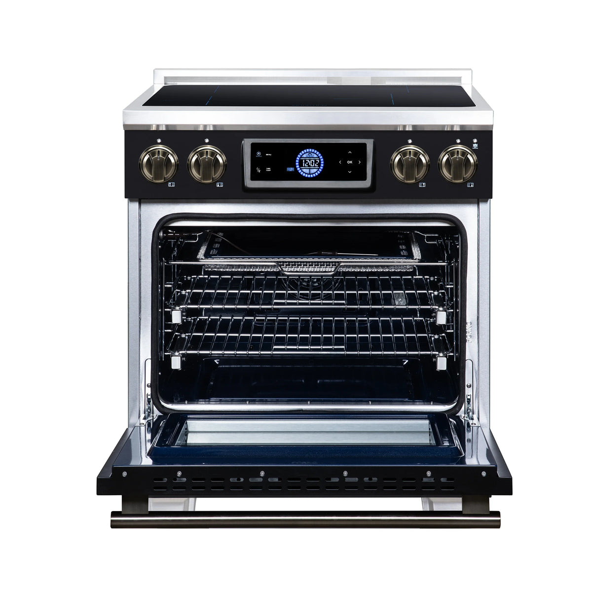 Forno Maximus 30-inch black induction range FFSIN0968-30BLK, front view with the oven door open