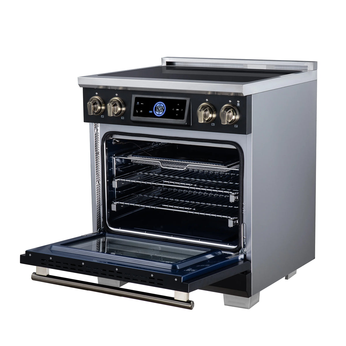 Forno Maximus 30-inch black induction range FFSIN0968-30BLK, right angle view with the oven door open