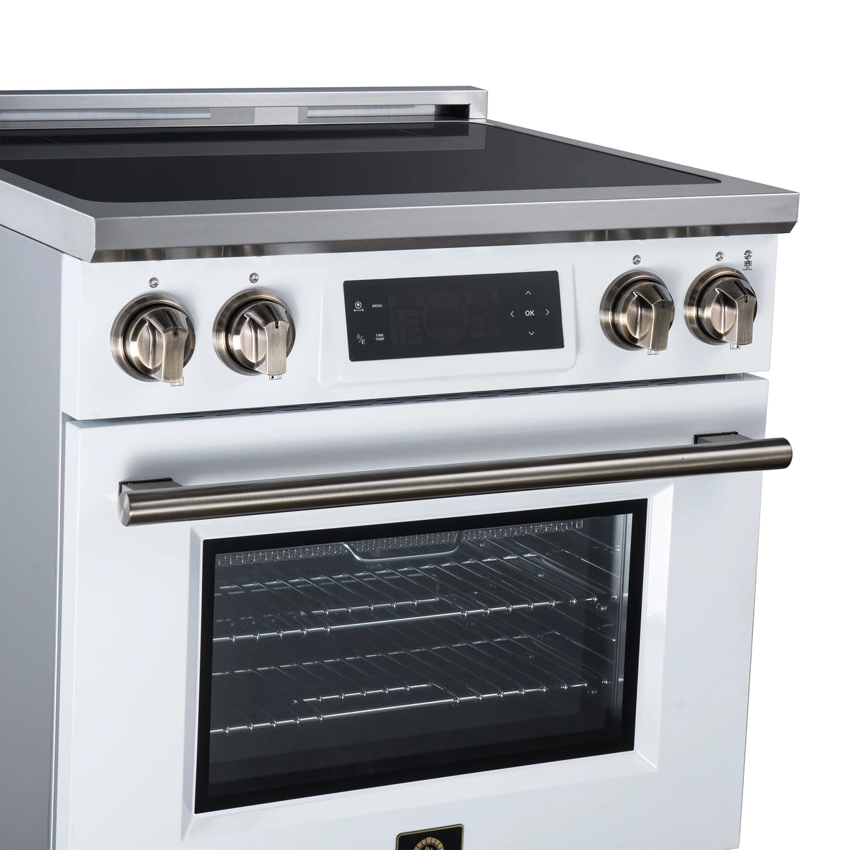 Forno Maximus 30-inch white induction range FFSIN0968-30WHT, close-up of the antique brass knobs and handle from the left