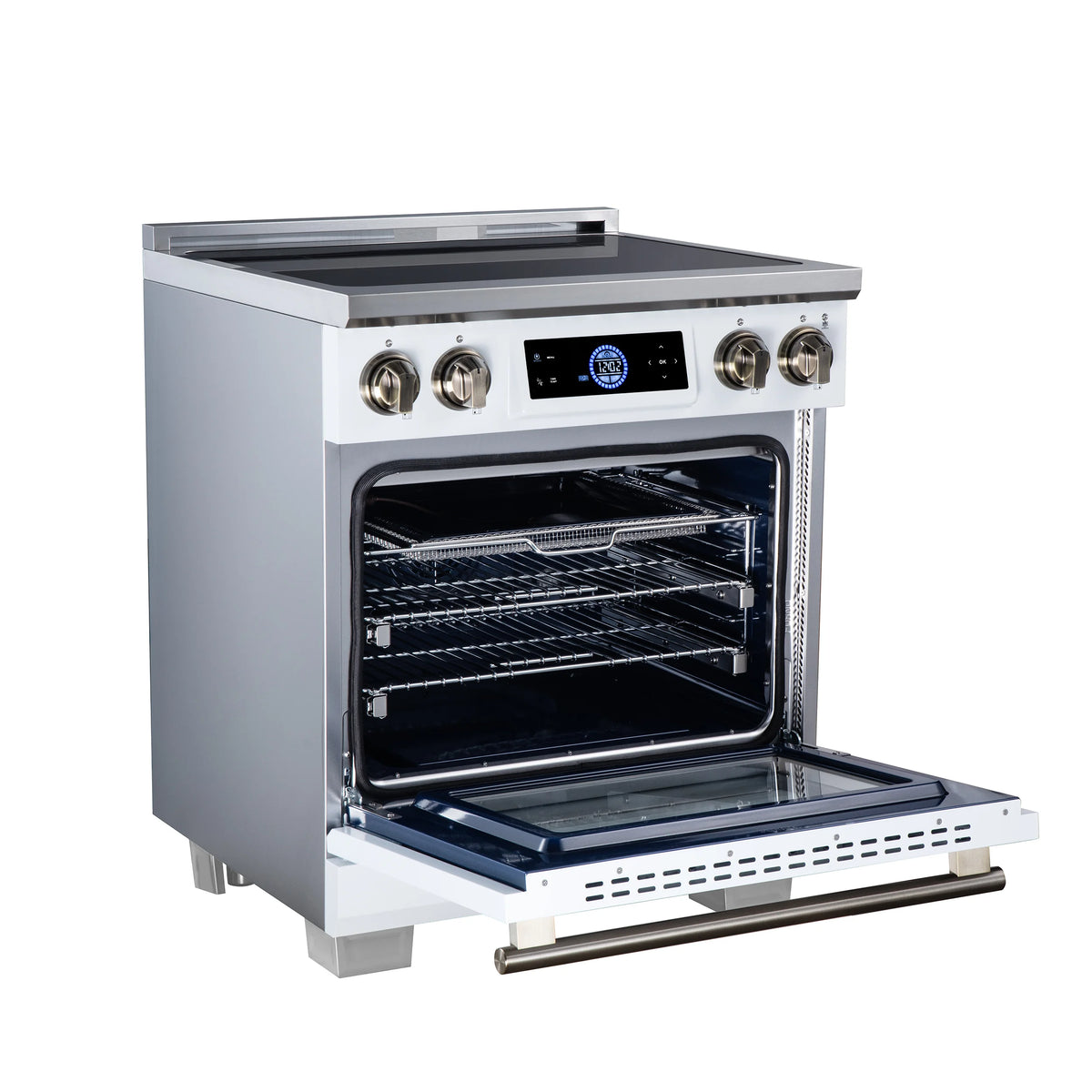 Forno Maximus 30-inch white induction range FFSIN0968-30WHT, left angle view with the oven door open