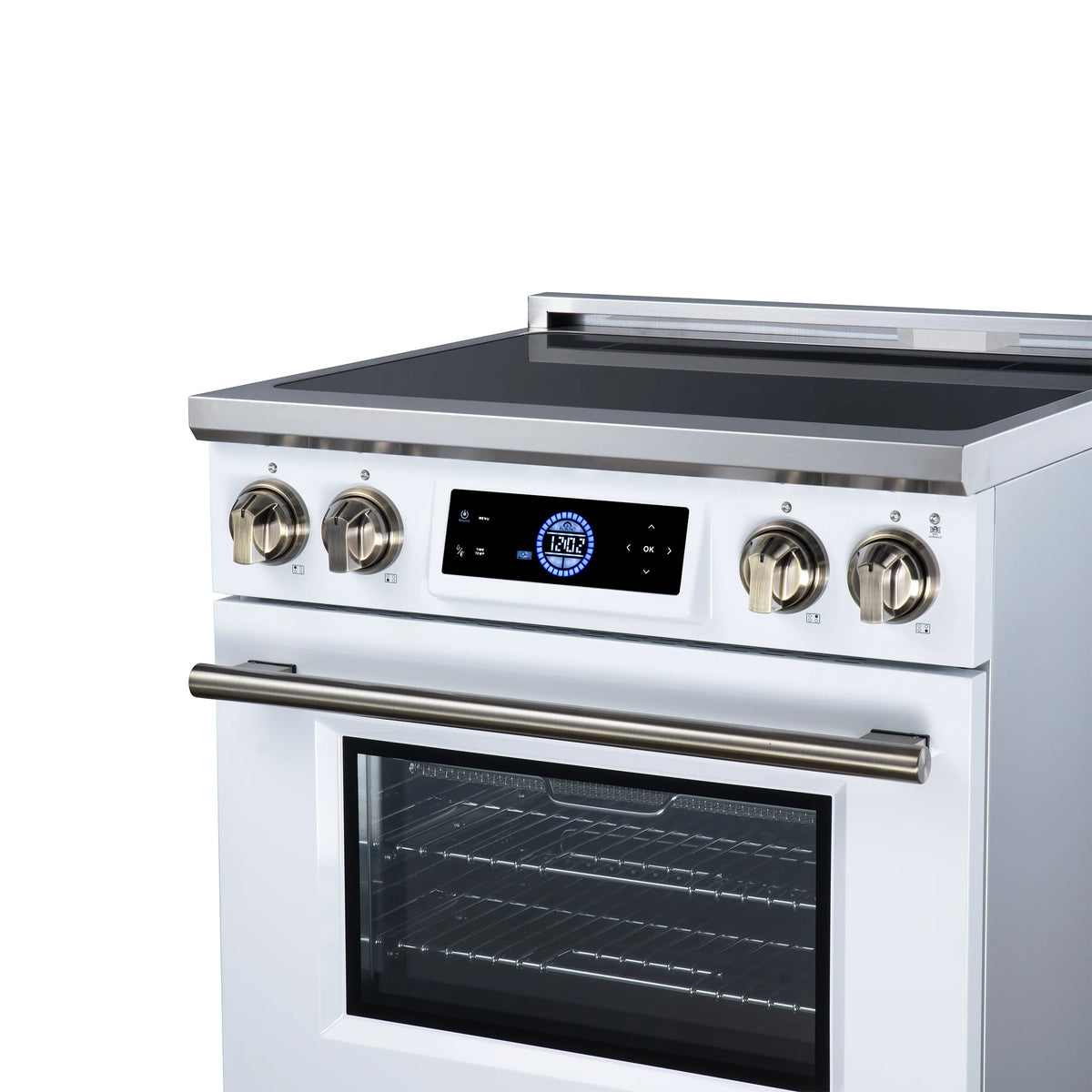 Forno Maximus 30-inch white induction range FFSIN0968-30WHT, close-up of the antique brass knobs and handle from the right