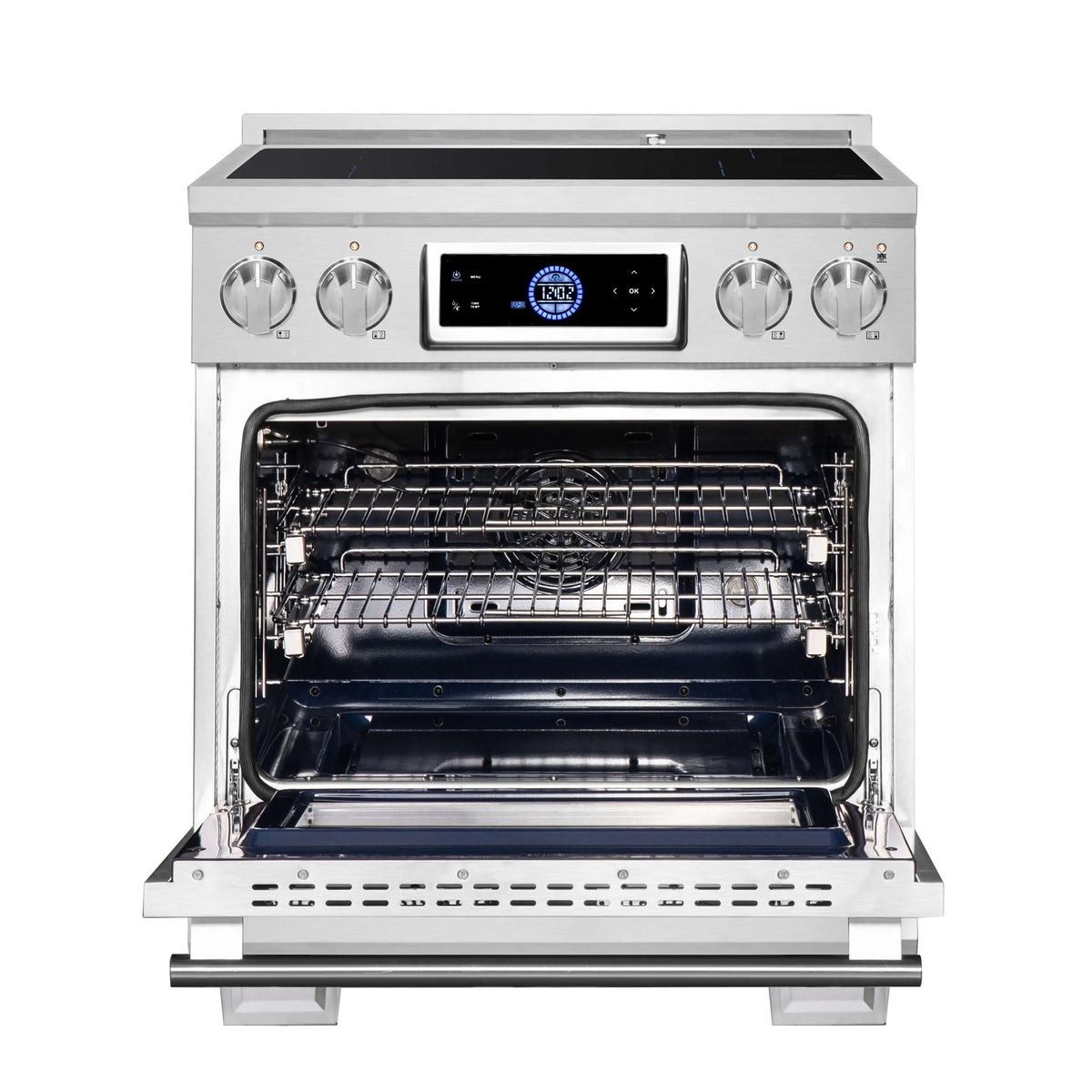 Stainless steel induction range with open oven door, metal racks, and interior heating elements