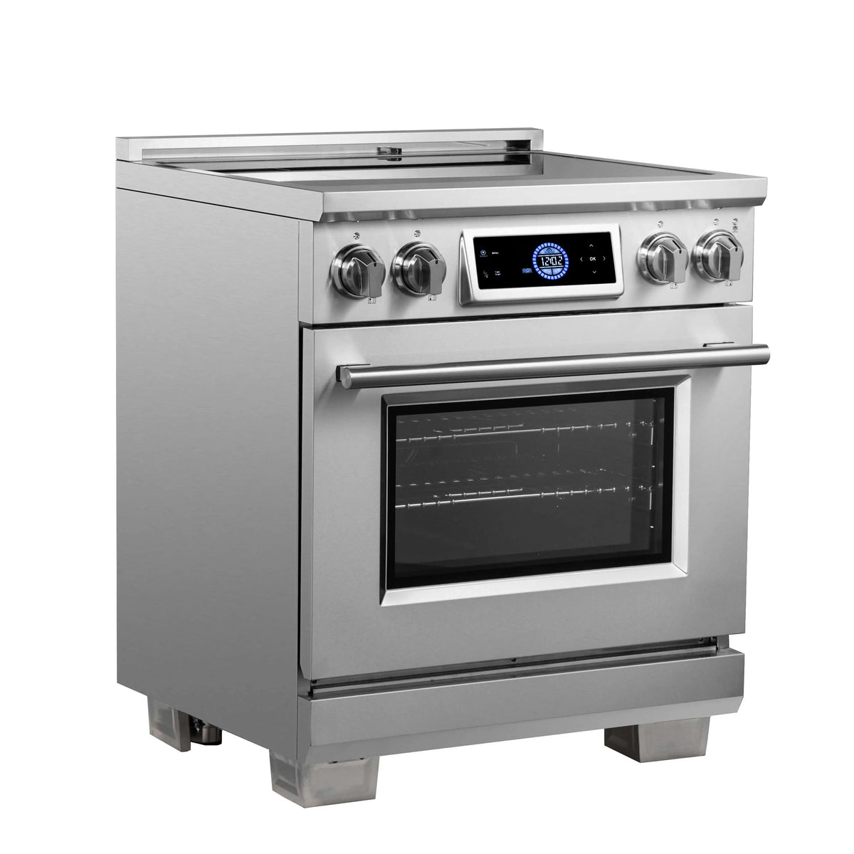 Stainless steel induction range with control panel, oven window, and side control knobs