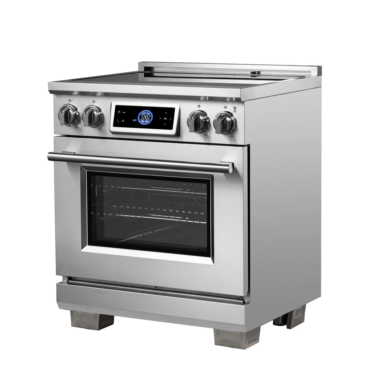 Stainless steel induction range with front handle, control panel, and oven window