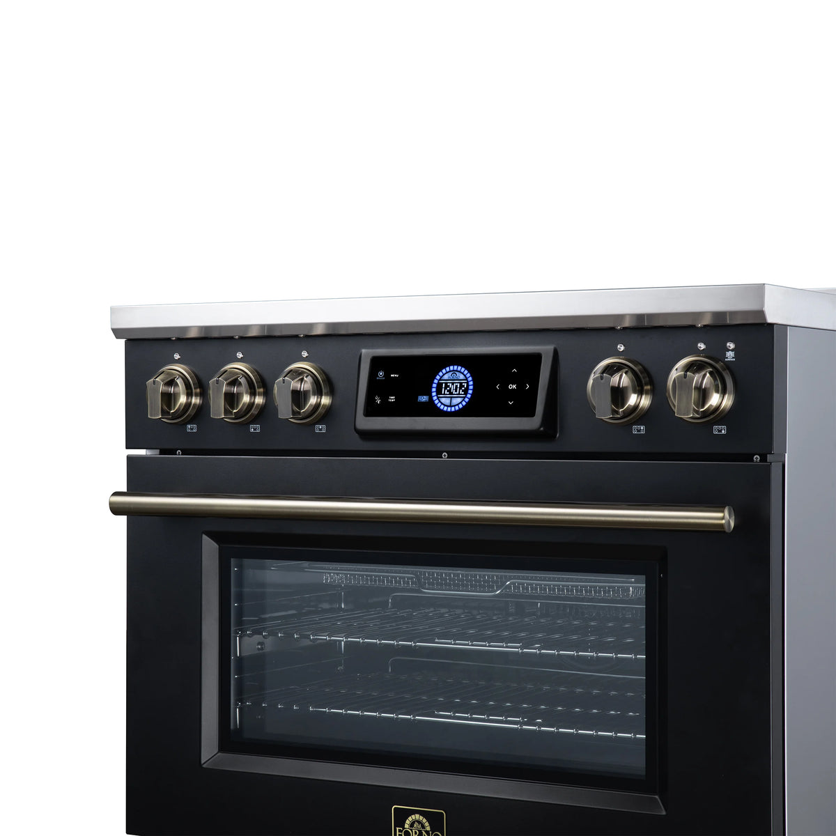 Forno Maximus 36-inch black induction range FFSIN0968-36BLK, digital control panel and illuminated antique brass knobs from the right