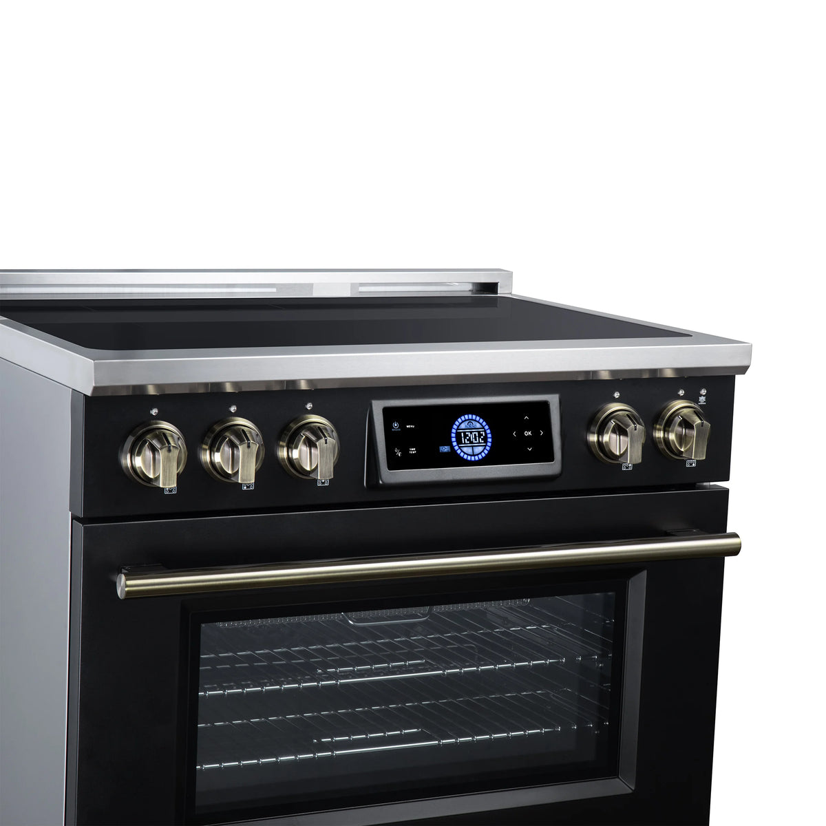 Forno Maximus 36-inch black induction range FFSIN0968-36BLK, close-up of the antique brass knobs and handle from the left