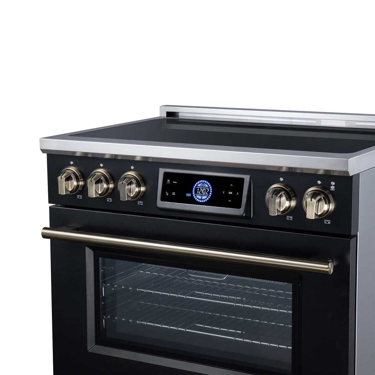 Forno Maximus 36-inch black induction range FFSIN0968-36BLK, close-up of the antique brass knobs and handle from the right
